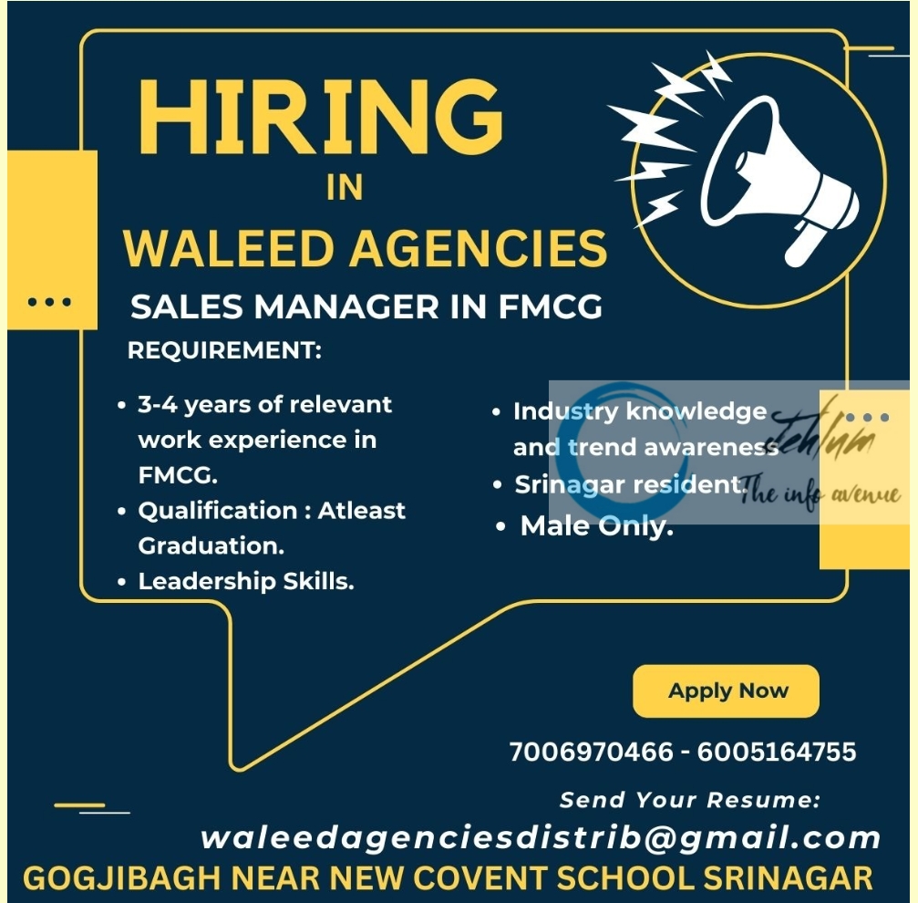 job opening sales manager in fmcg at waleed agencies